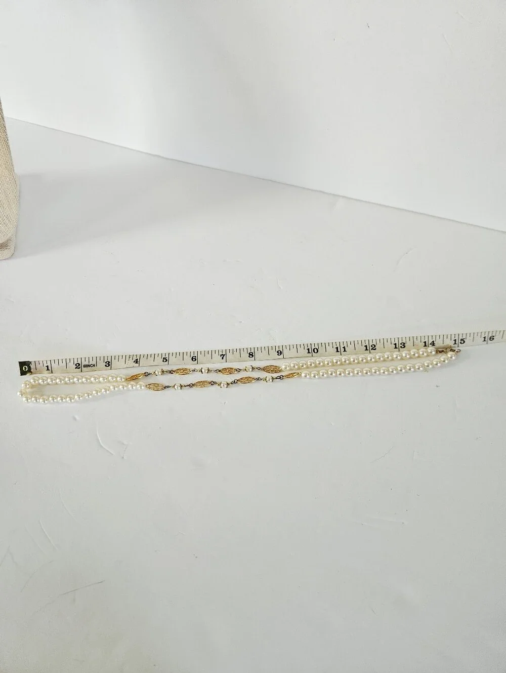 Vintage Faux Pearl Gold Filigree Scrollwork Opera Length Linked Station Necklace